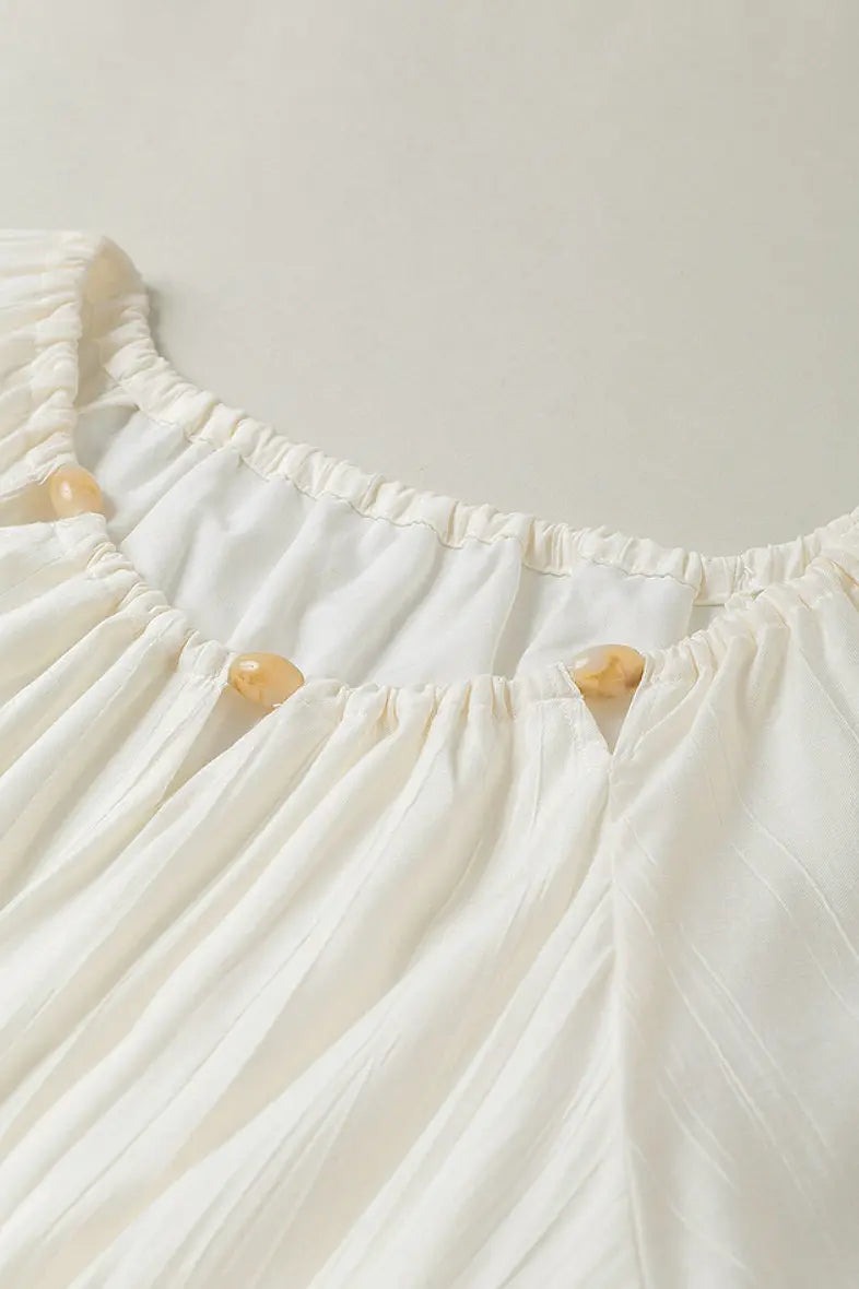 White Textured Vacation Midi Dress with Beaded Neckline