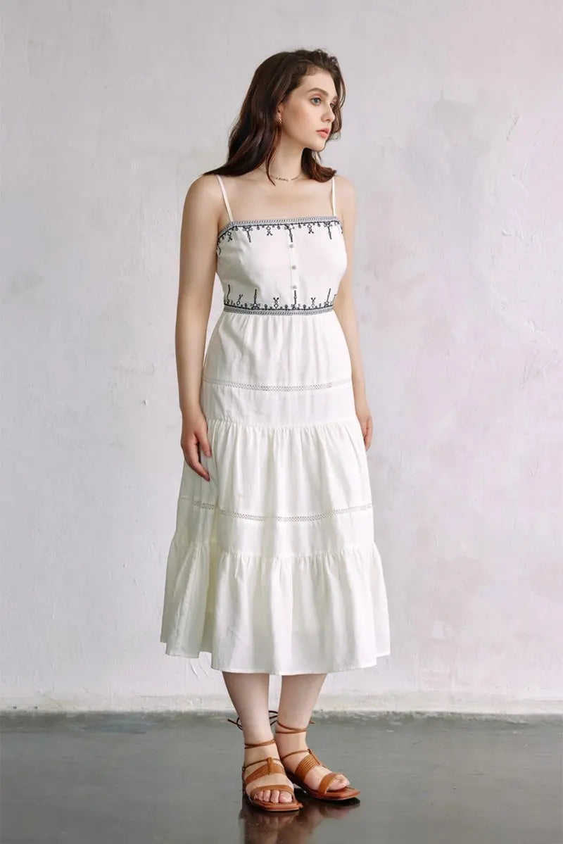 White Tiered Embroidered Spaghetti-Strap Midi Dress