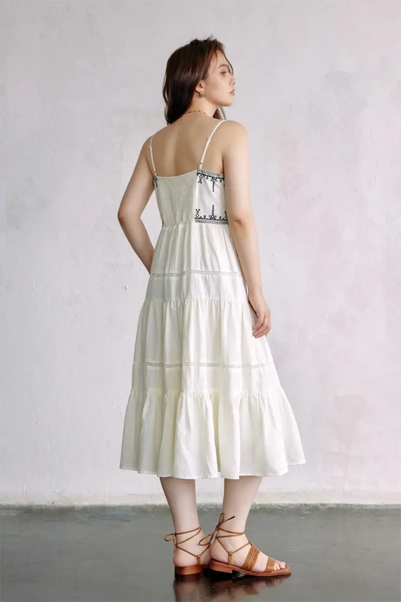 White Tiered Embroidered Spaghetti-Strap Midi Dress