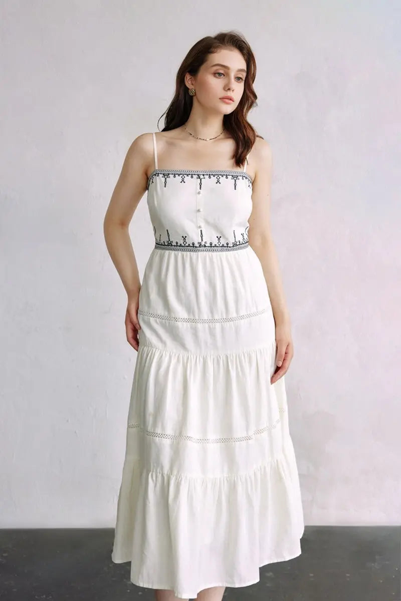 White Tiered Embroidered Spaghetti-Strap Midi Dress