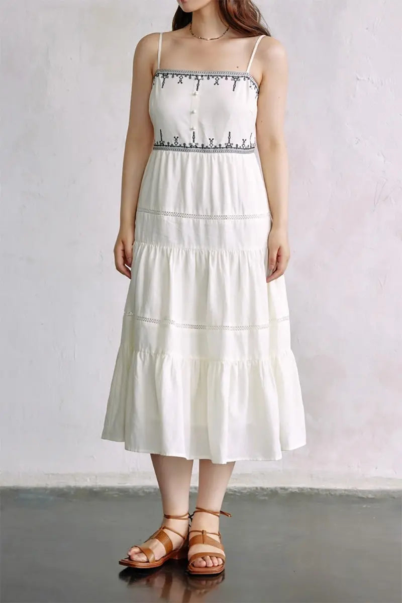 White Tiered Embroidered Spaghetti-Strap Midi Dress