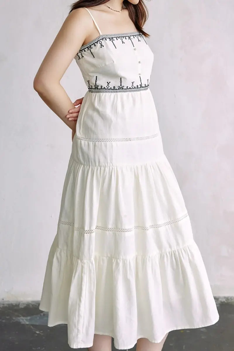 White Tiered Embroidered Spaghetti-Strap Midi Dress
