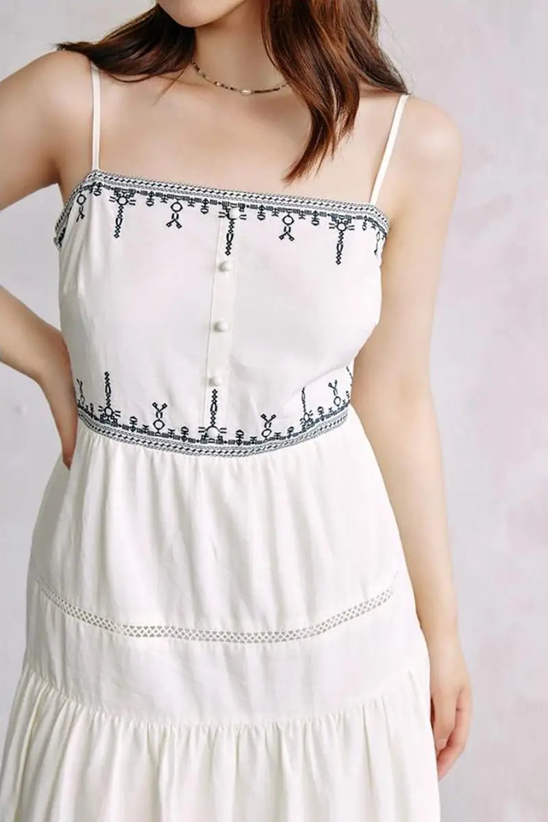 White Tiered Embroidered Spaghetti-Strap Midi Dress