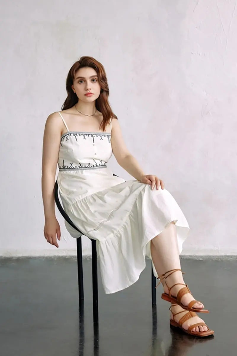 White Tiered Embroidered Spaghetti-Strap Midi Dress