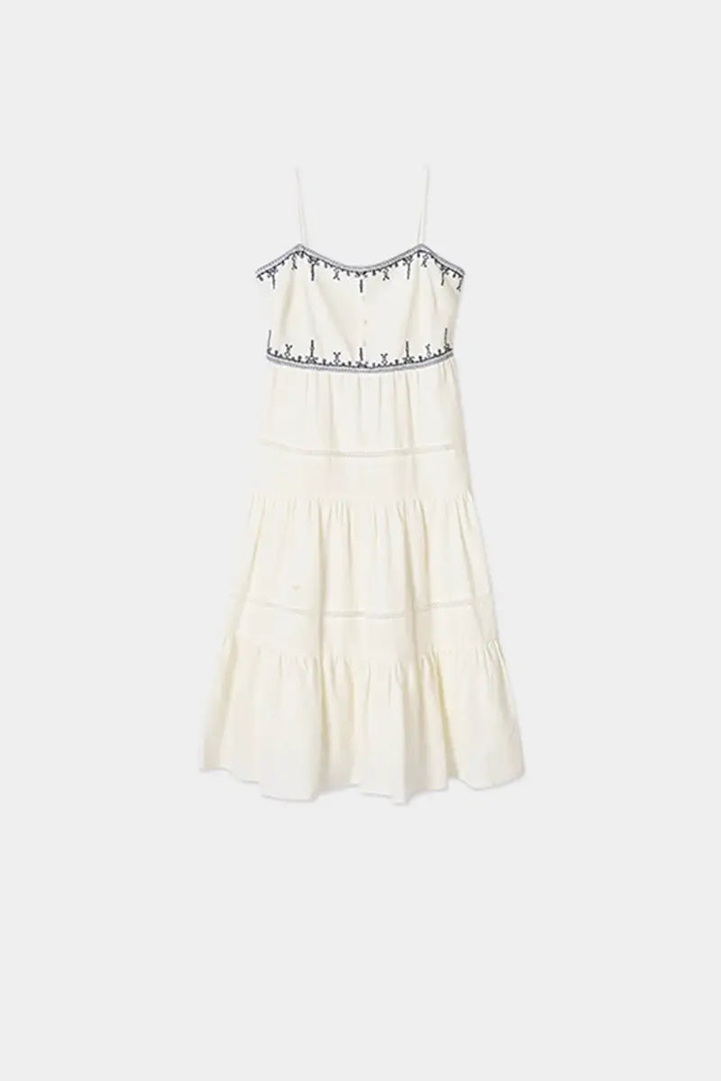 White Tiered Embroidered Spaghetti-Strap Midi Dress
