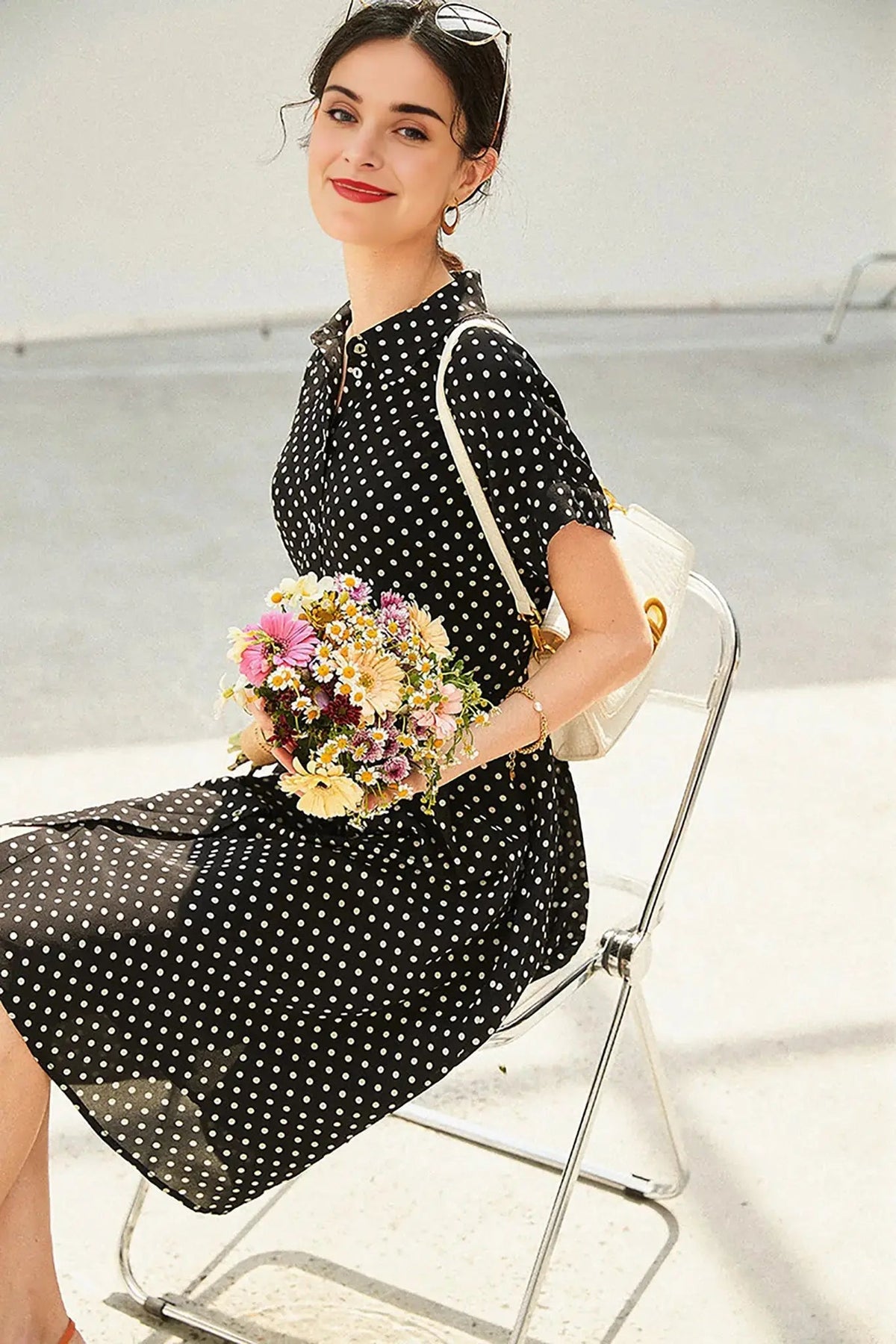 Women's Heavyweight Mulberry Silk Polka Dot Printed Silk Long Dress