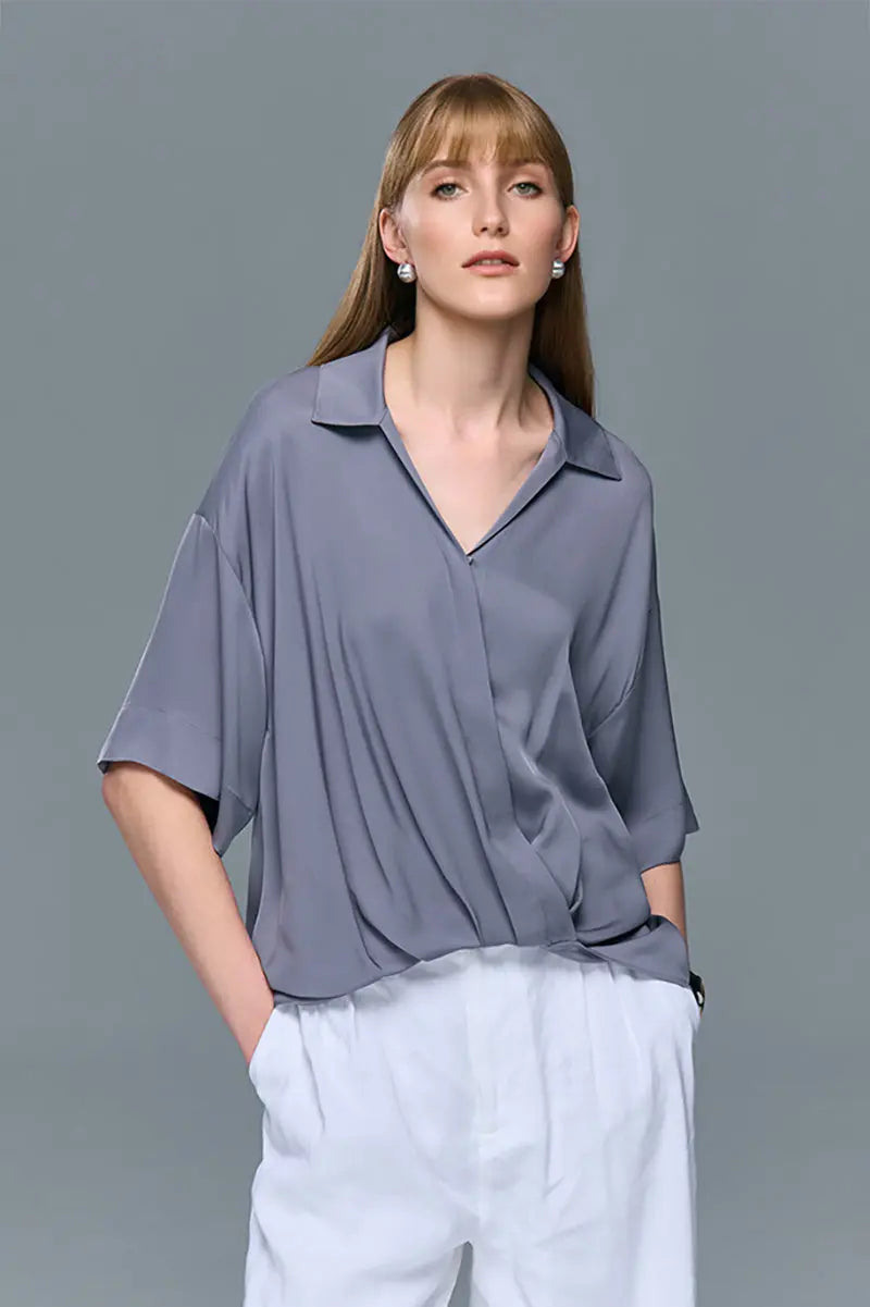Women's Silk Elastic Double Georgette Loose-Fitting Short Sleeve Shirt