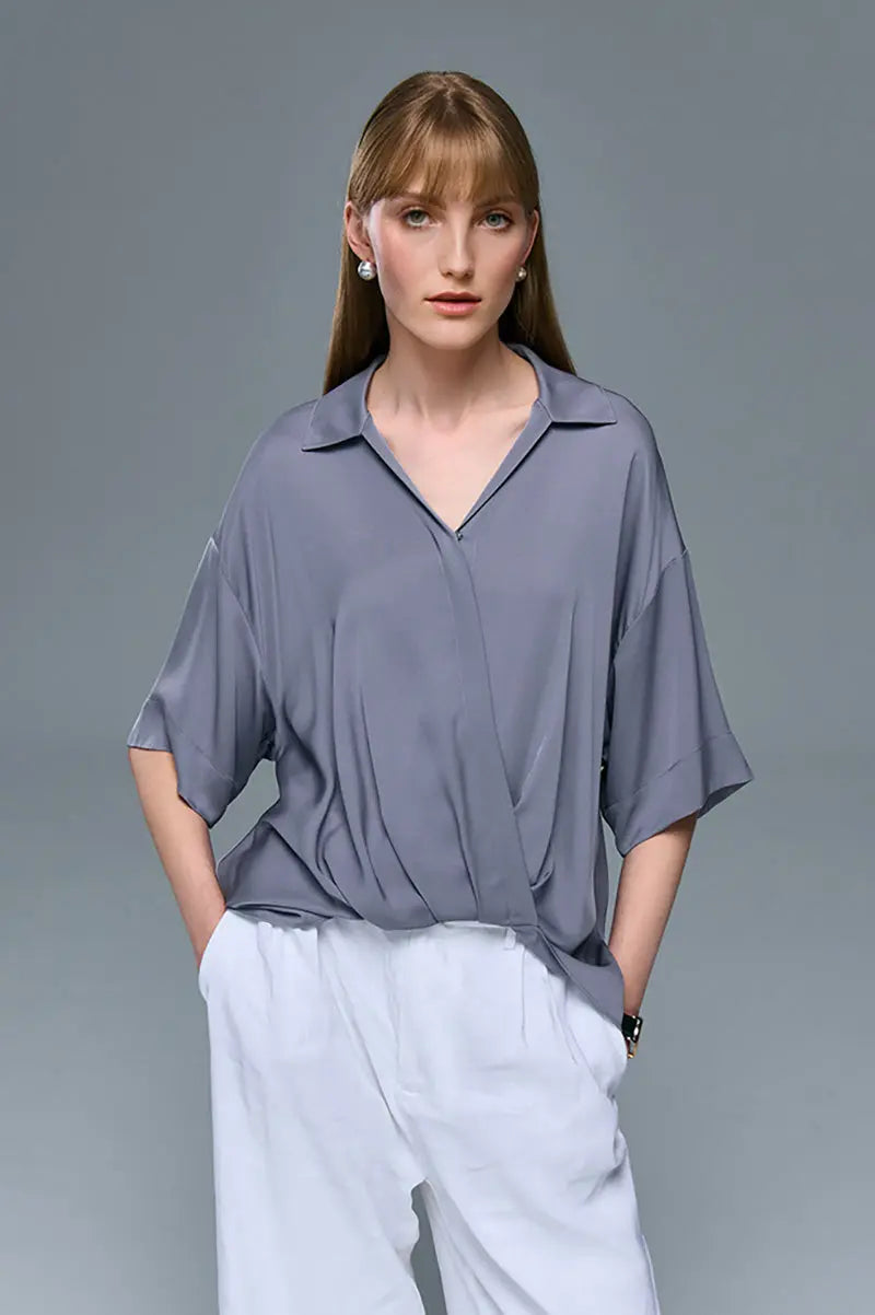 Women's Silk Elastic Double Georgette Loose-Fitting Short Sleeve Shirt