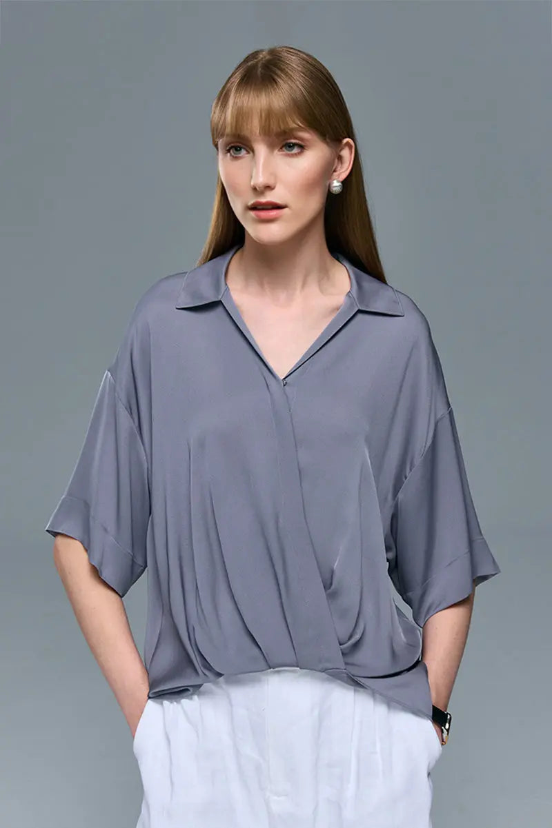 Women's Silk Elastic Double Georgette Loose-Fitting Short Sleeve Shirt