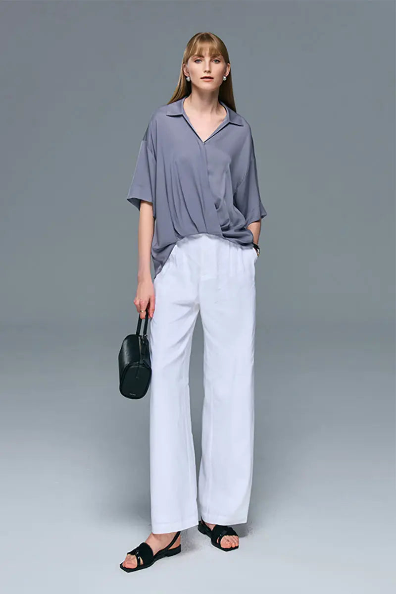 Women's Silk Elastic Double Georgette Loose-Fitting Short Sleeve Shirt