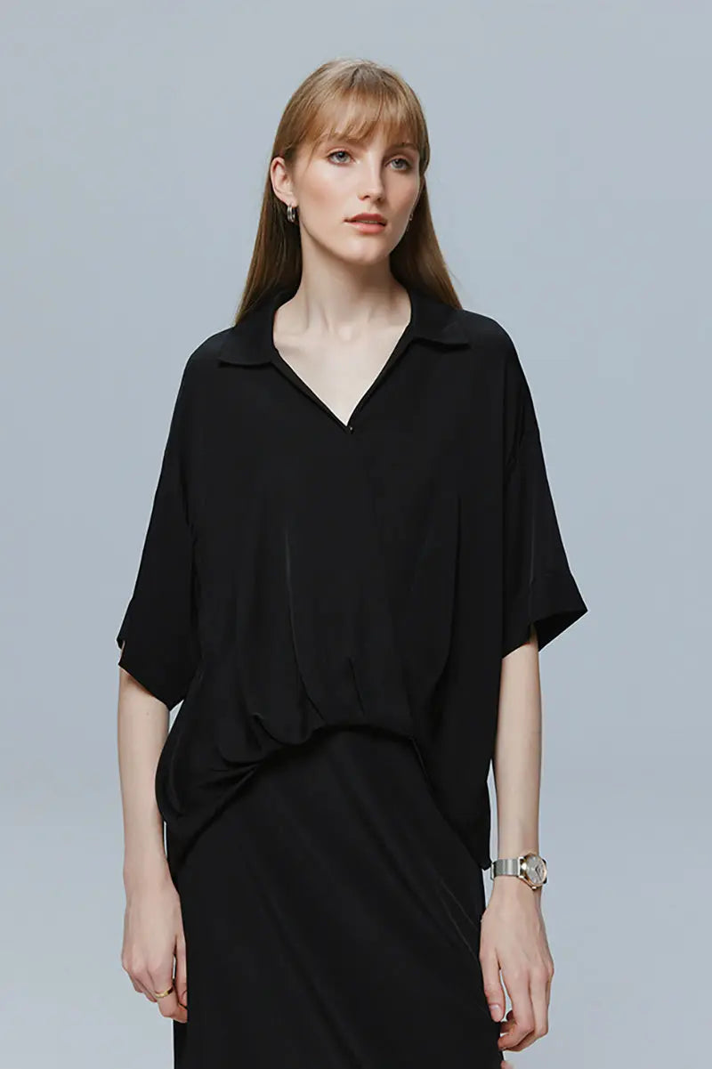 Women's Silk Elastic Double Georgette Loose-Fitting Short Sleeve Shirt