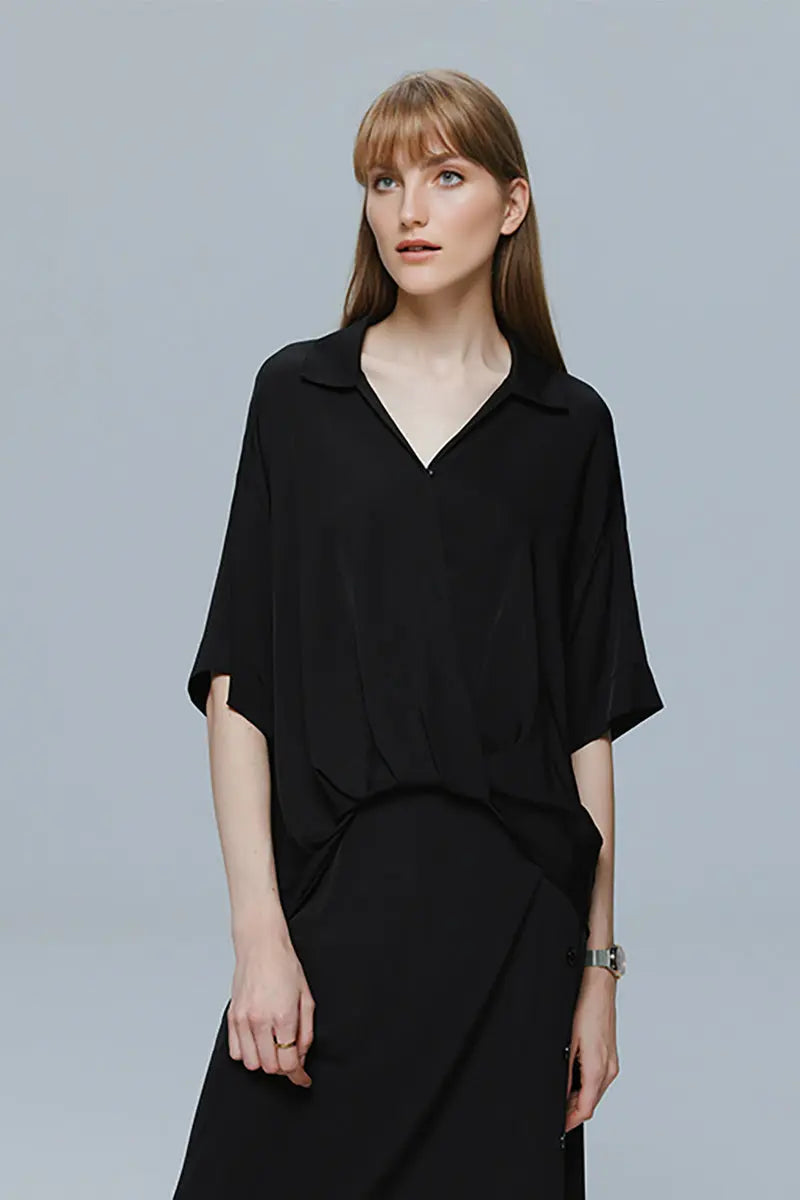 Women's Silk Elastic Double Georgette Loose-Fitting Short Sleeve Shirt