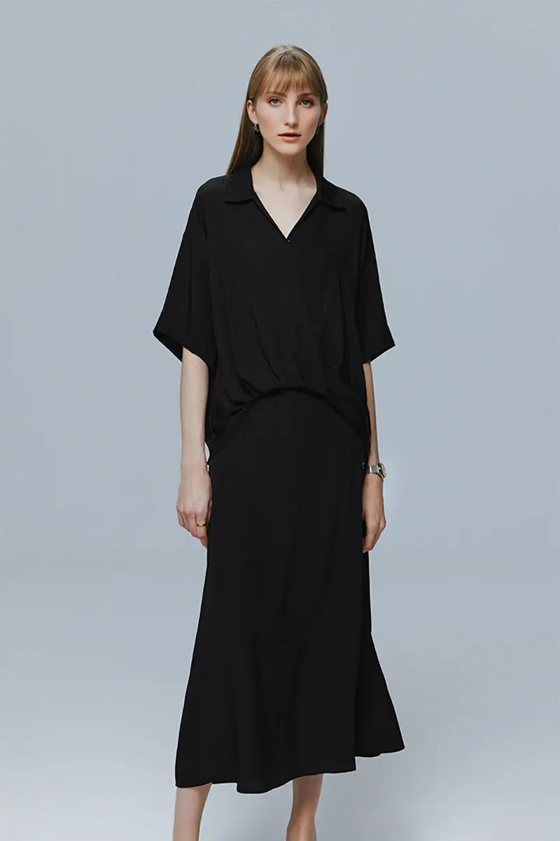 Women's Silk Elastic Double Georgette Loose-Fitting Short Sleeve Shirt