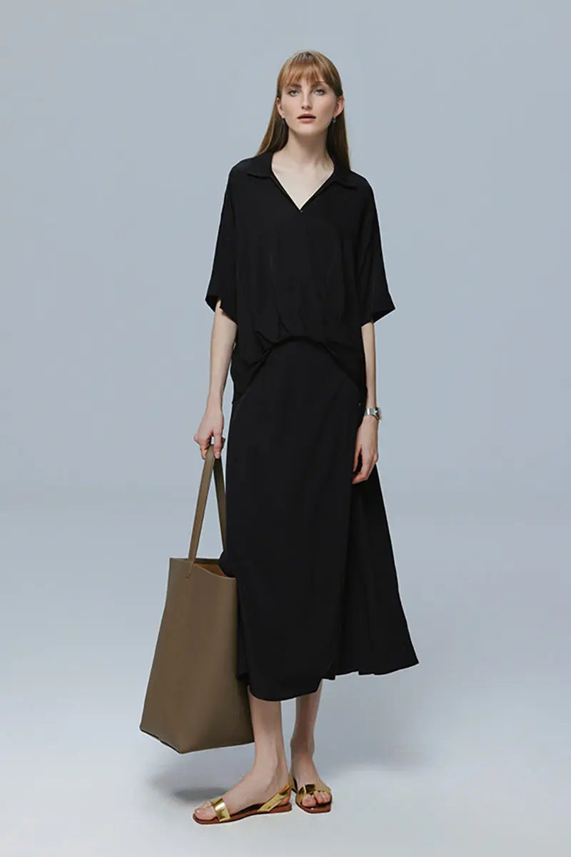 Women's Silk Elastic Double Georgette Loose-Fitting Short Sleeve Shirt