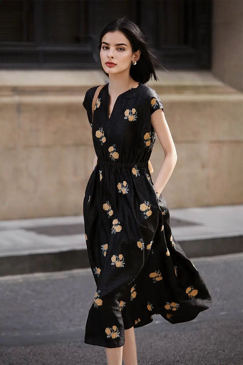 Xiang Yun Silk Floral Hand-Embroidery Midi Dress