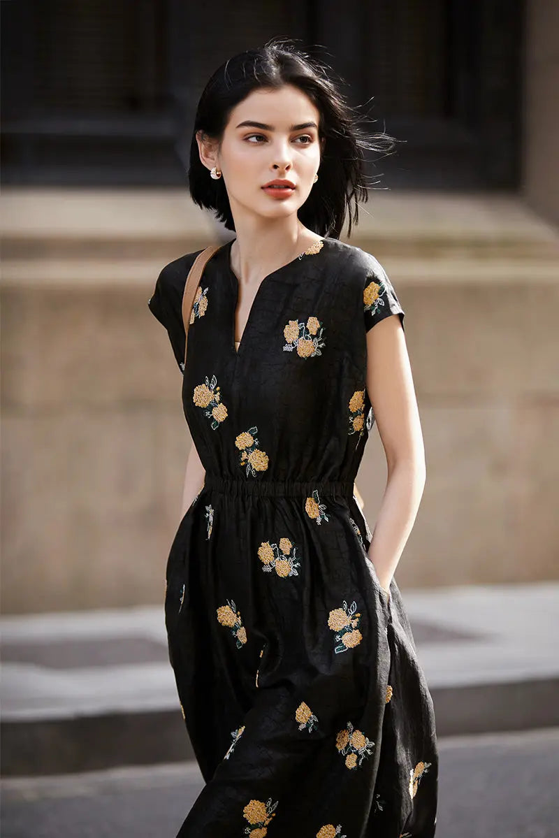 Xiang Yun Silk Floral Hand-Embroidery Midi Dress