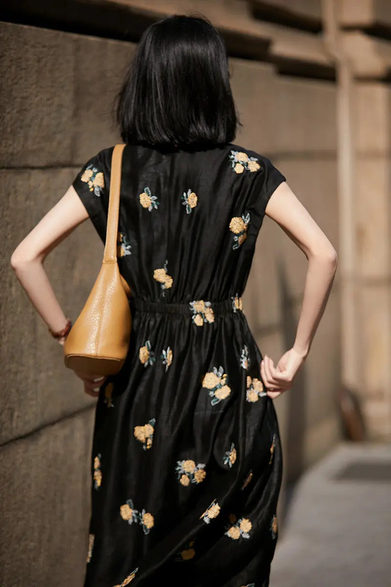 Xiang Yun Silk Floral Hand-Embroidery Midi Dress