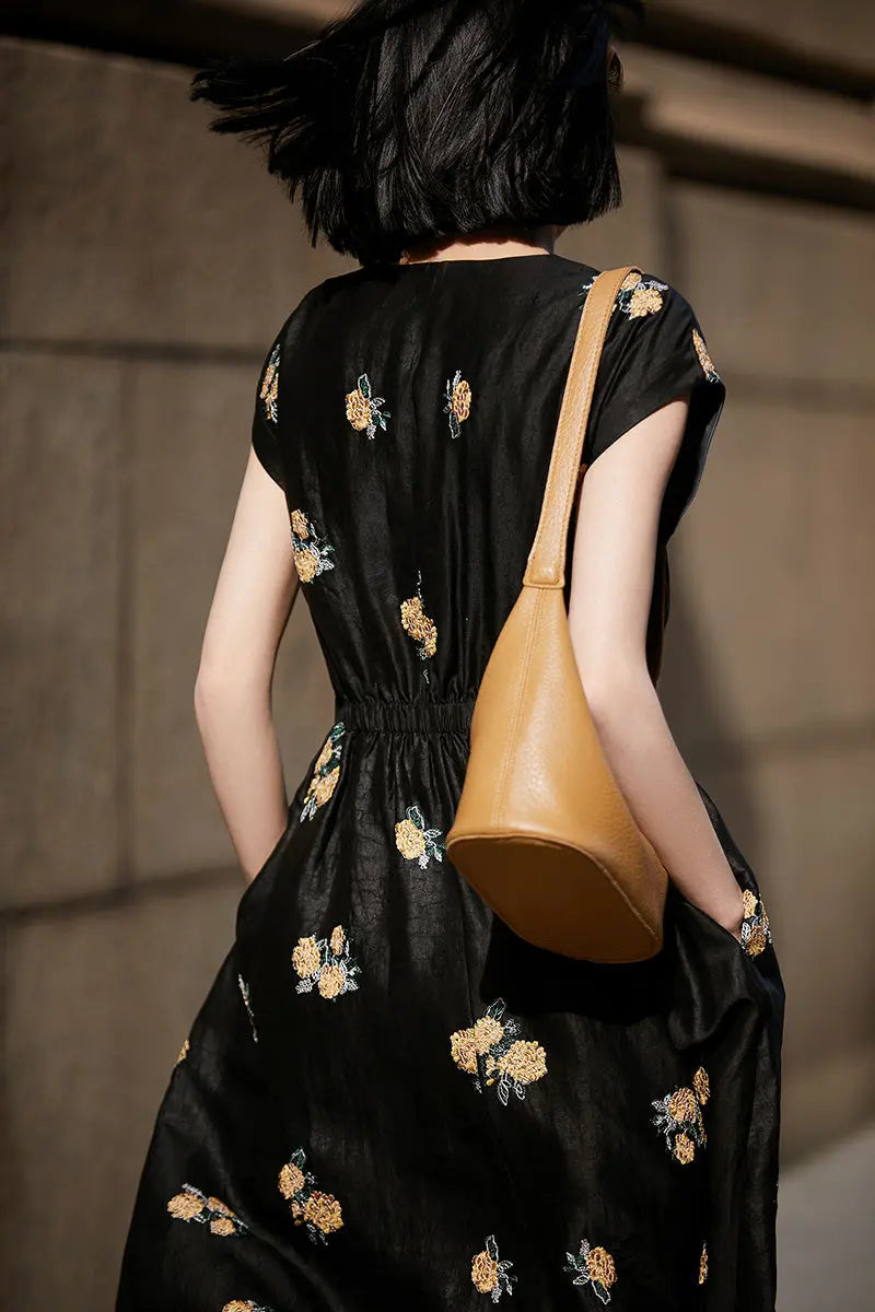 Xiang Yun Silk Floral Hand-Embroidery Midi Dress