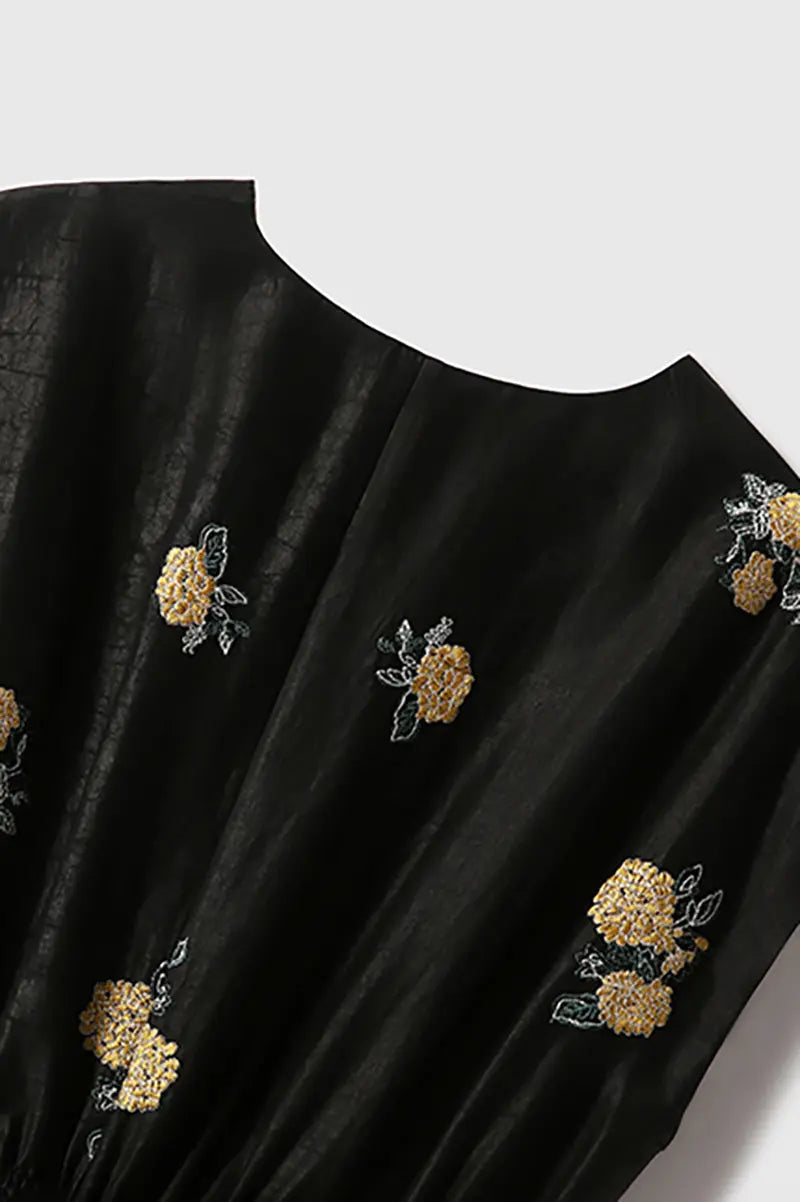 Xiang Yun Silk Floral Hand-Embroidery Midi Dress