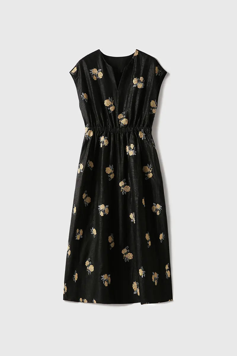 Xiang Yun Silk Floral Hand-Embroidery Midi Dress