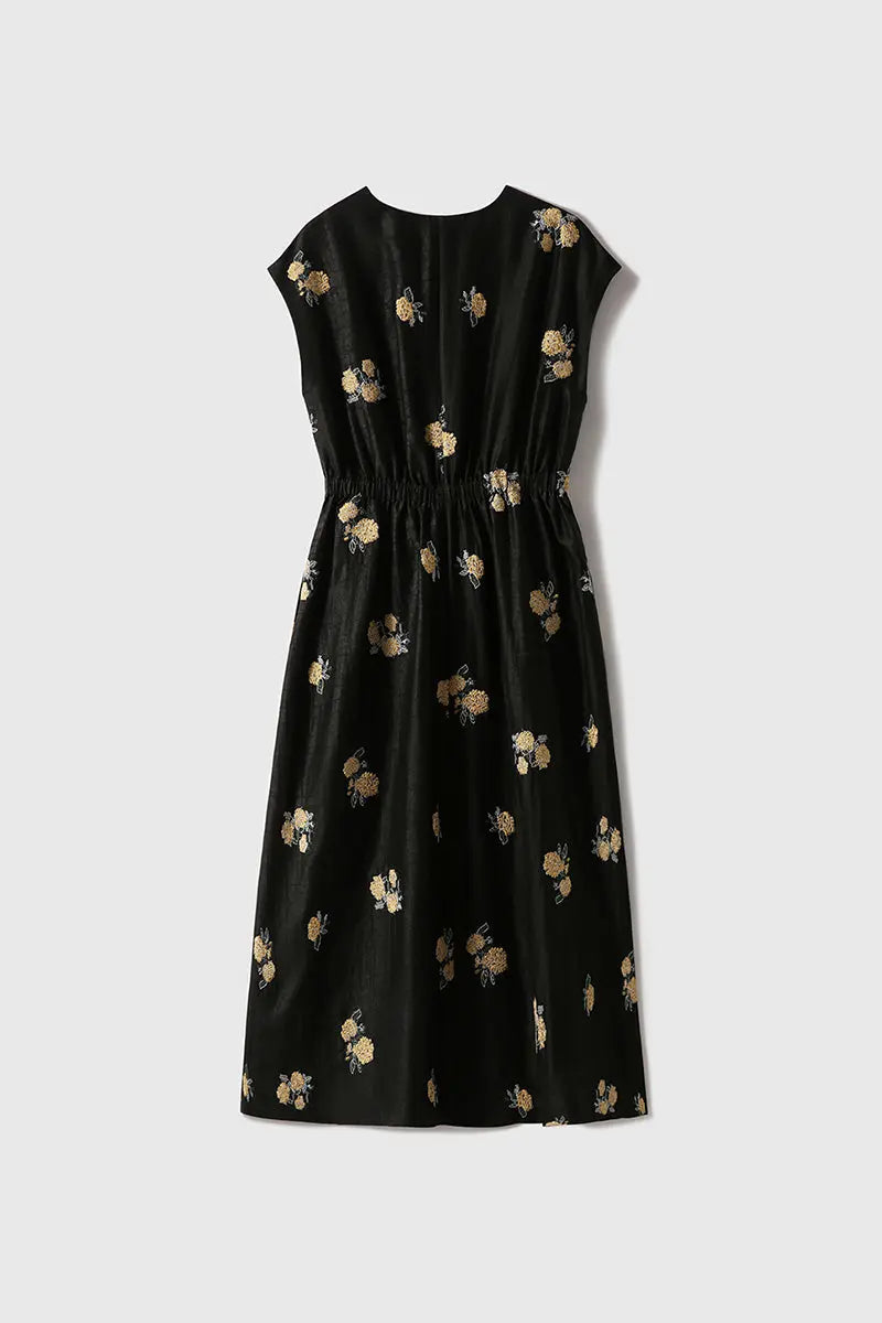 Xiang Yun Silk Floral Hand-Embroidery Midi Dress
