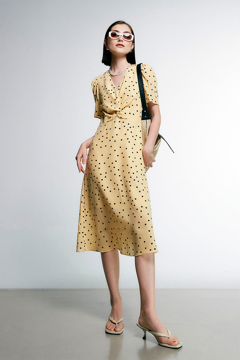 Yellow 100 Heavy Silk Crepe Polka Dot Midi Dress