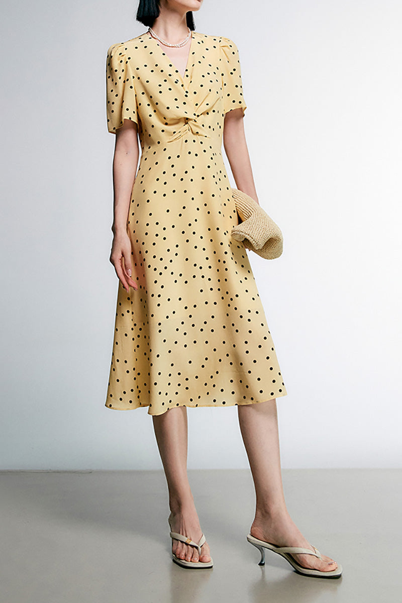 Yellow 100 Heavy Silk Crepe Polka Dot Midi Dress