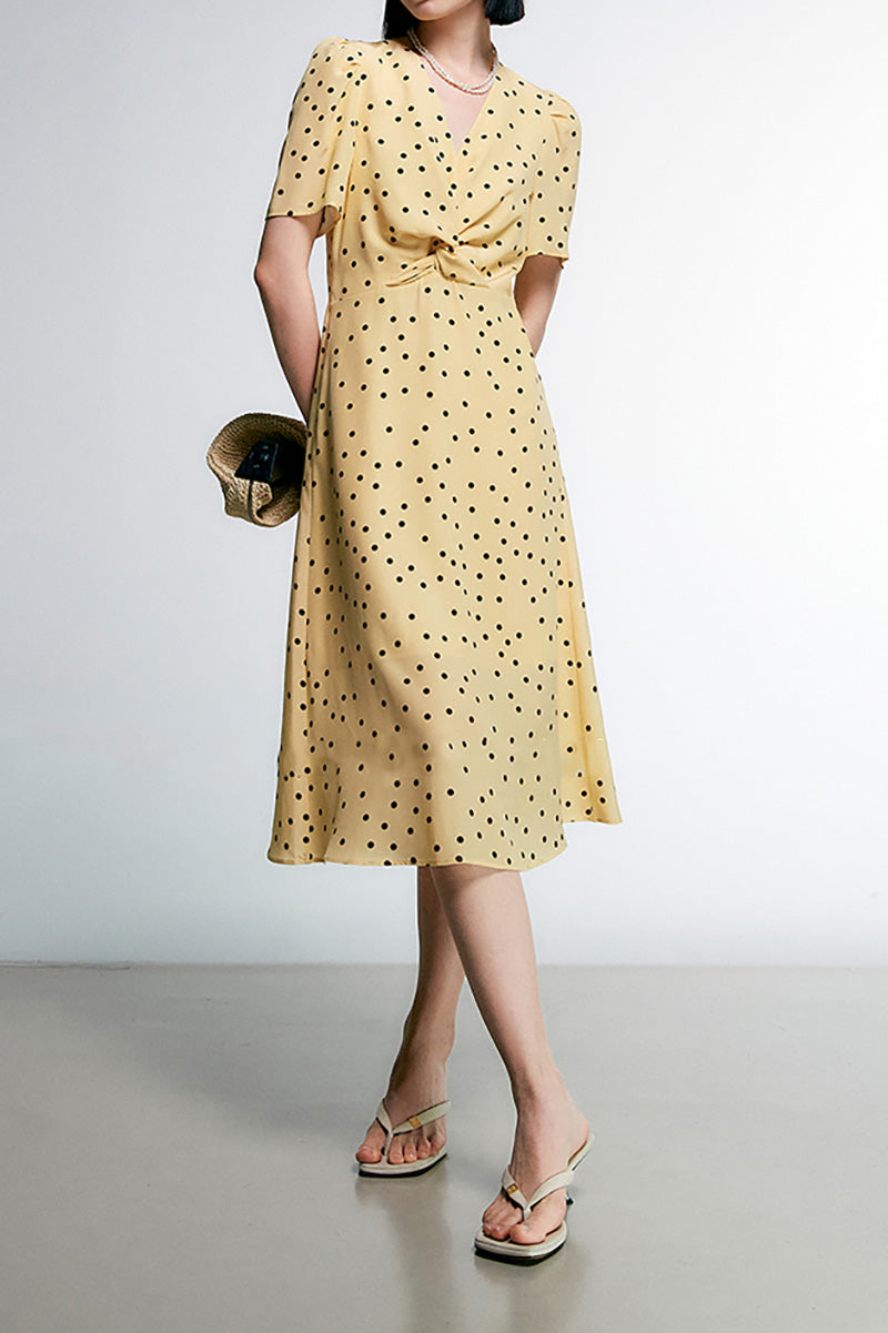Yellow 100 Heavy Silk Crepe Polka Dot Midi Dress