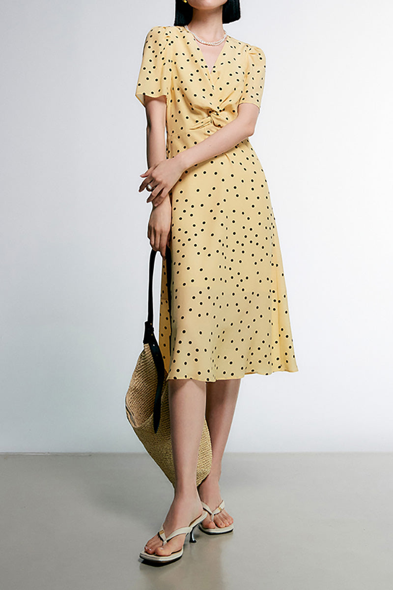 Yellow 100 Heavy Silk Crepe Polka Dot Midi Dress