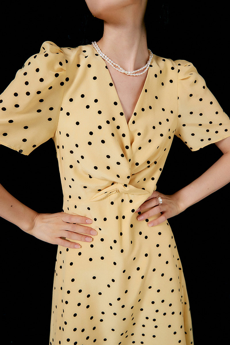 Yellow 100 Heavy Silk Crepe Polka Dot Midi Dress
