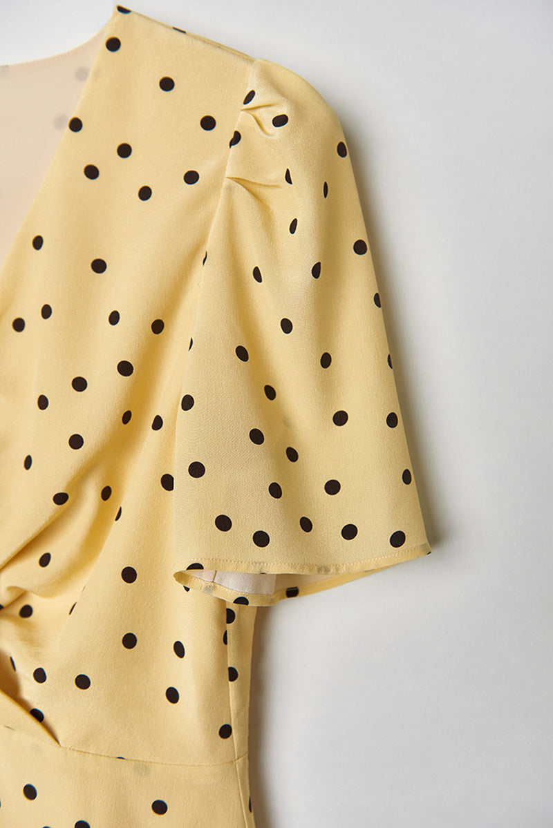 Yellow 100 Heavy Silk Crepe Polka Dot Midi Dress