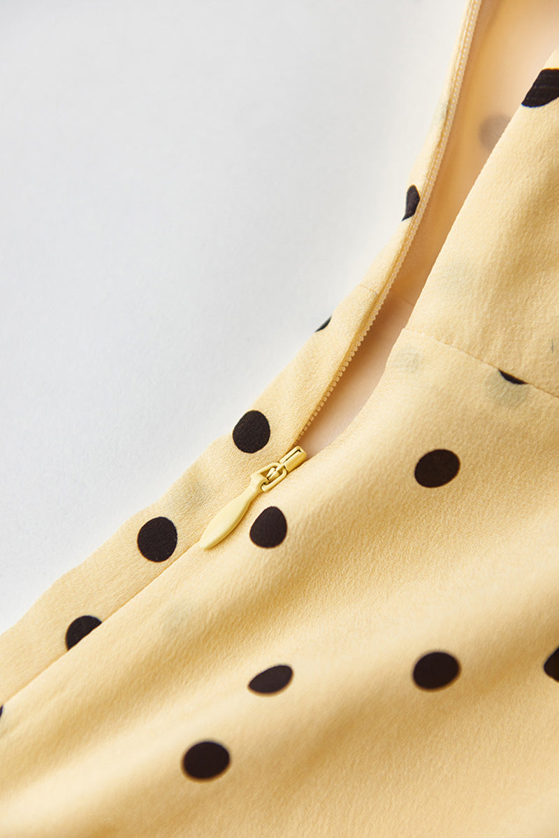 Yellow 100 Heavy Silk Crepe Polka Dot Midi Dress
