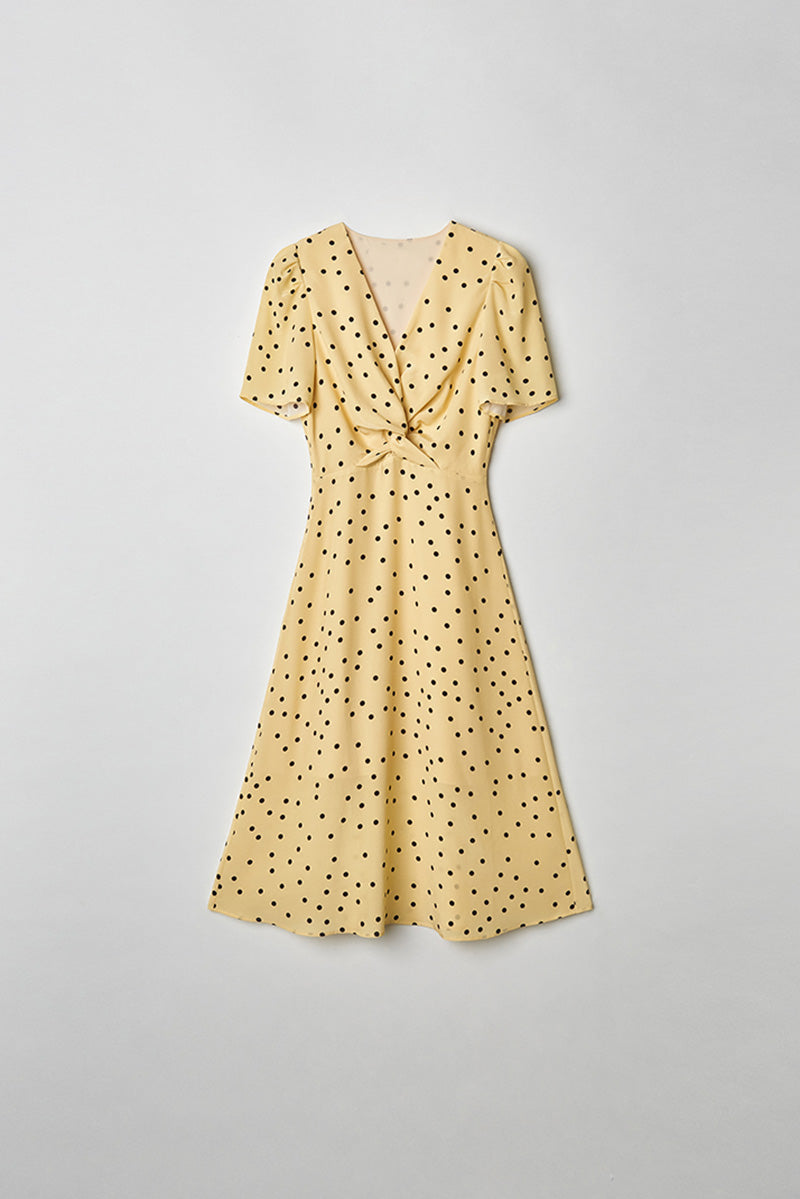 Yellow 100 Heavy Silk Crepe Polka Dot Midi Dress