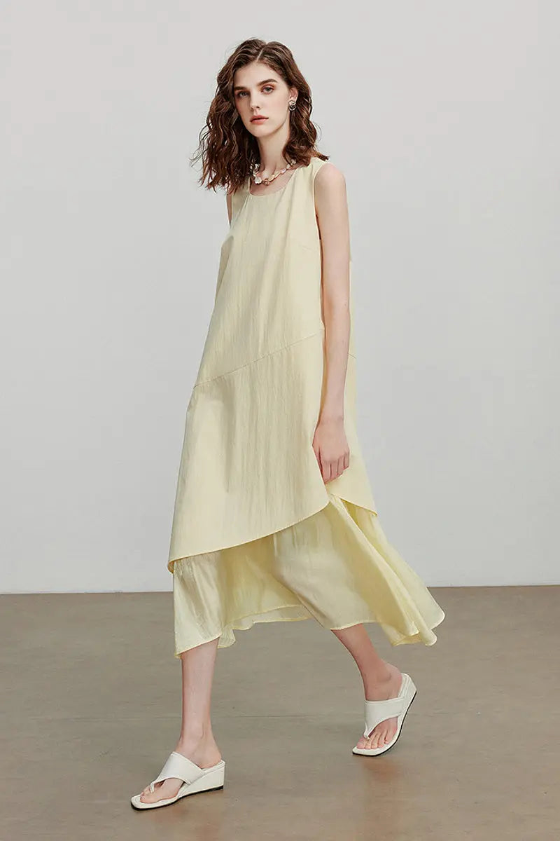 Yellow Flowy Asymmetrical Sleeveless Trapeze Midi Dress