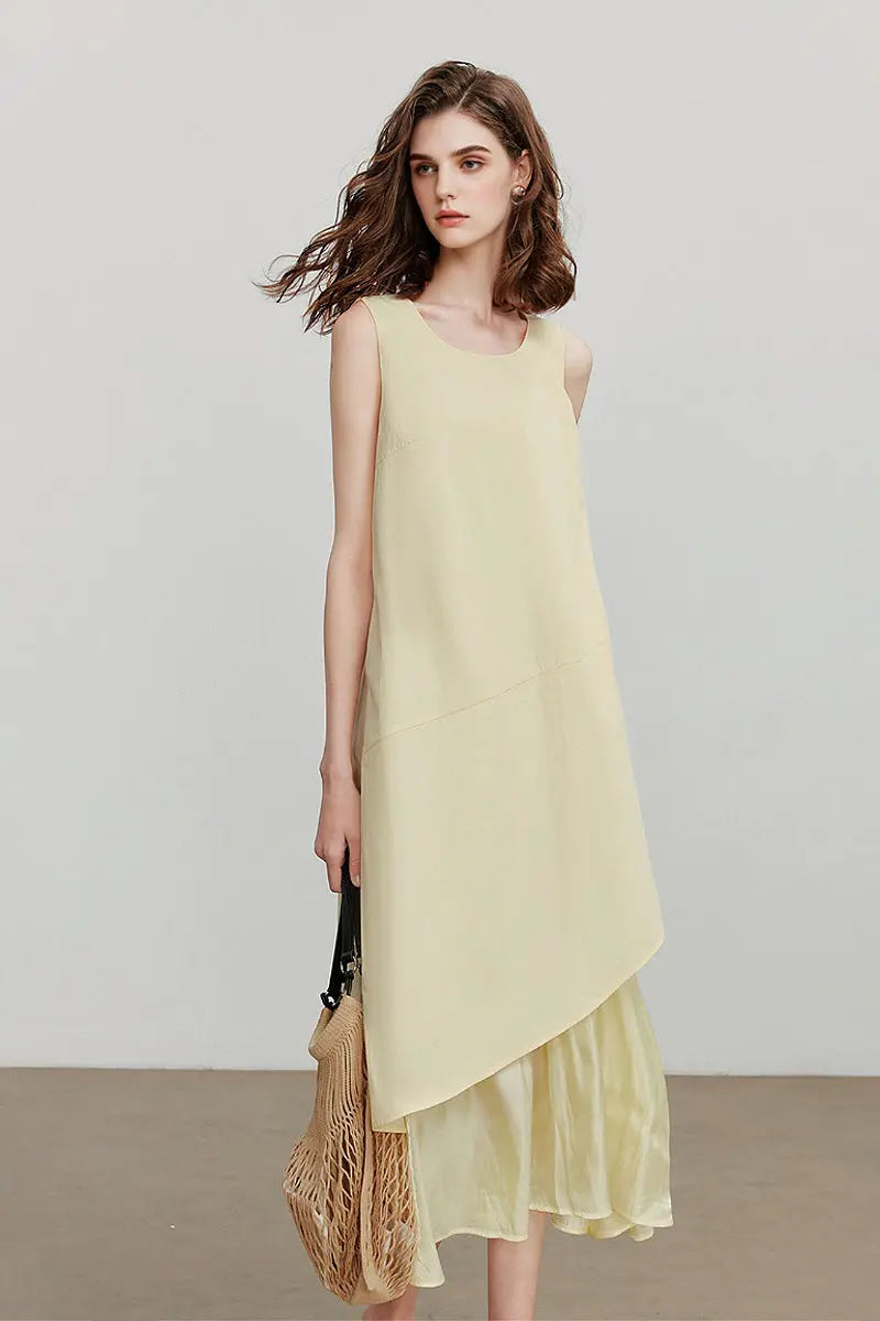 Yellow Flowy Asymmetrical Sleeveless Trapeze Midi Dress