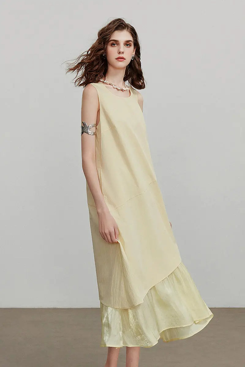 Yellow Flowy Asymmetrical Sleeveless Trapeze Midi Dress