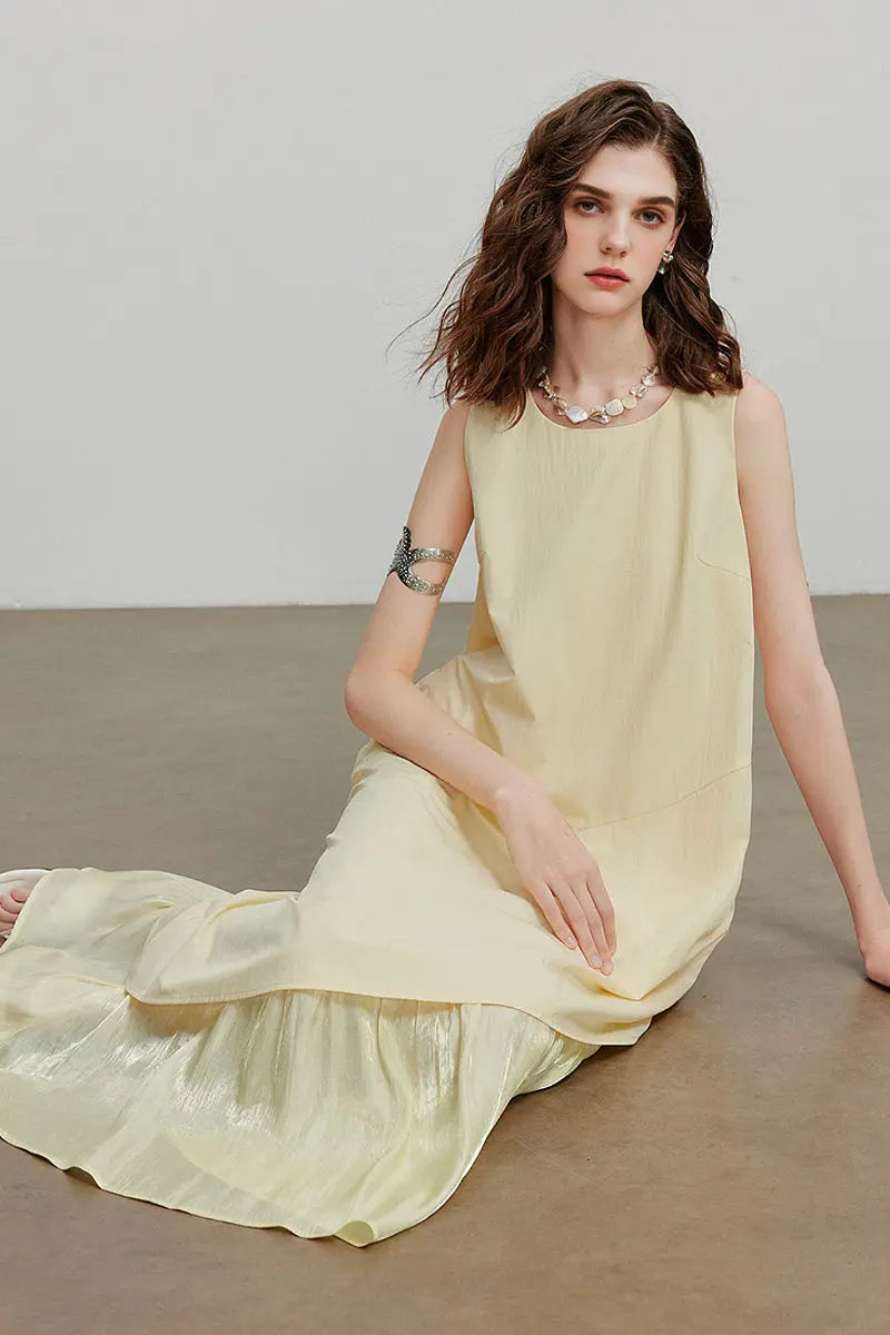Yellow Flowy Asymmetrical Sleeveless Trapeze Midi Dress