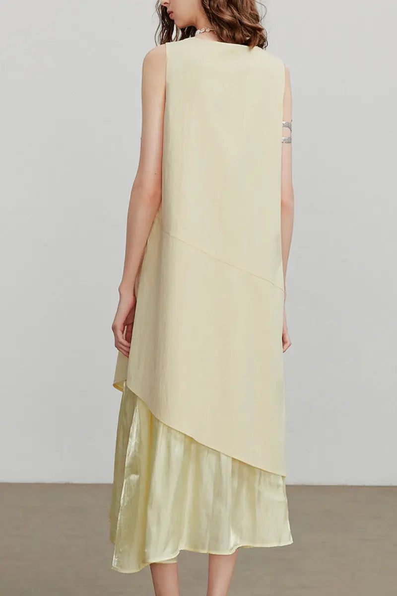 Yellow Flowy Asymmetrical Sleeveless Trapeze Midi Dress