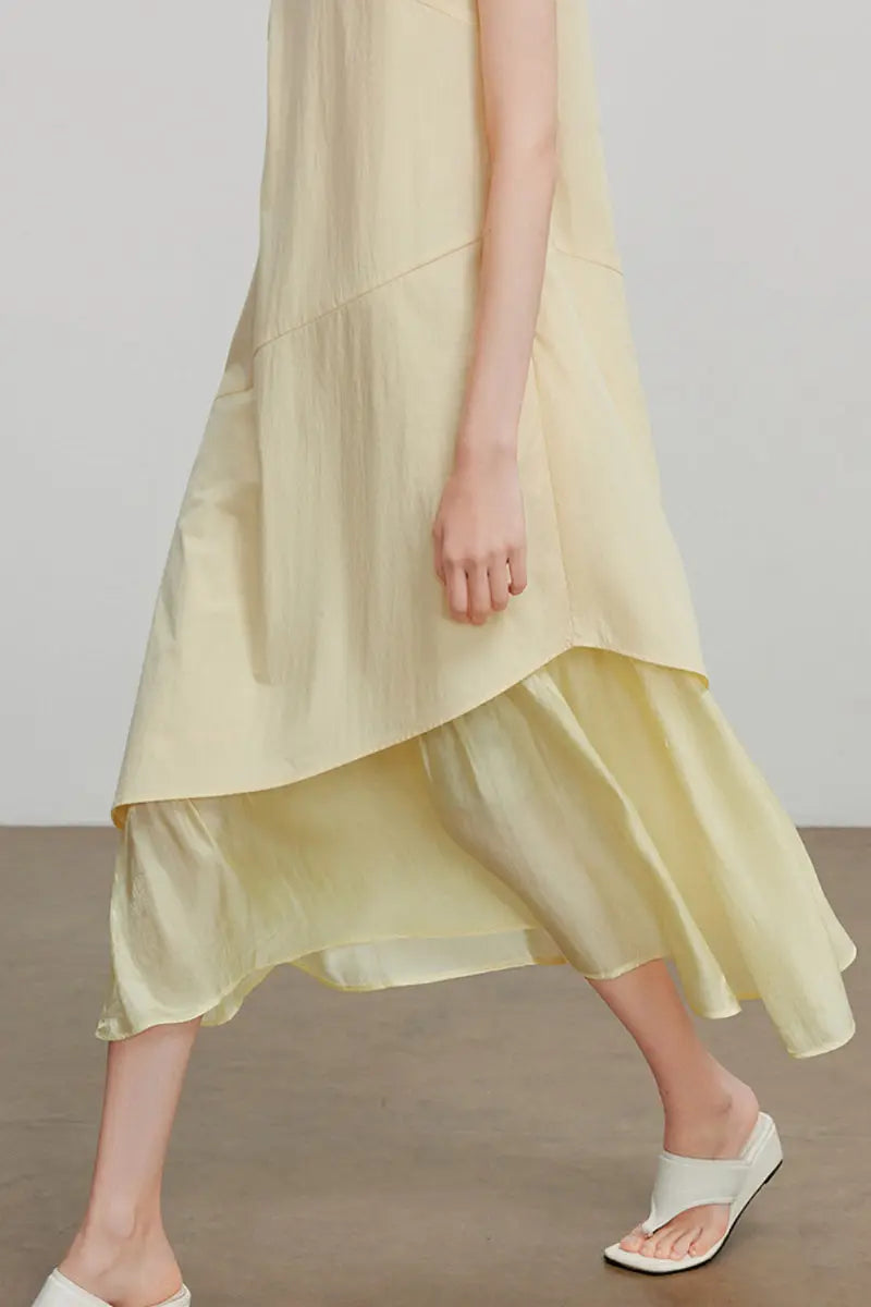 Yellow Flowy Asymmetrical Sleeveless Trapeze Midi Dress