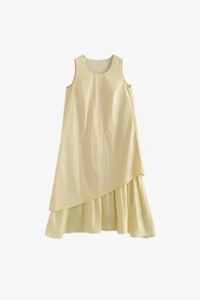 Yellow Flowy Asymmetrical Sleeveless Trapeze Midi Dress
