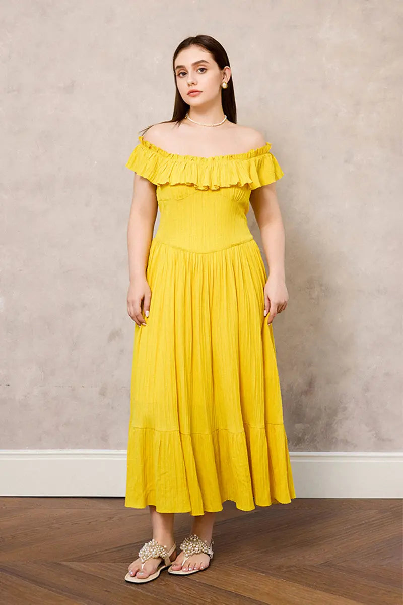 Yellow Off-the-Shoulder Ruffled Fit & Flare Midi Dress