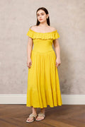 Yellow Off-the-Shoulder Ruffled Fit & Flare Midi Dress