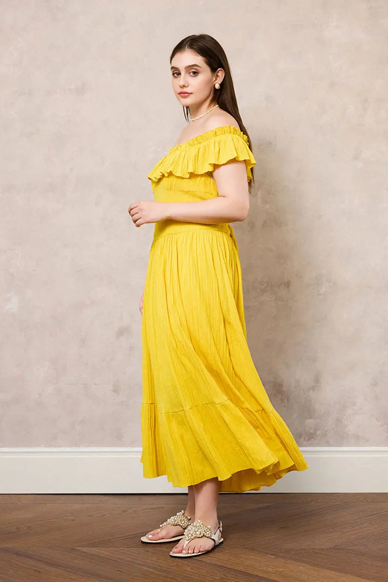 Yellow Off-the-Shoulder Ruffled Fit & Flare Midi Dress