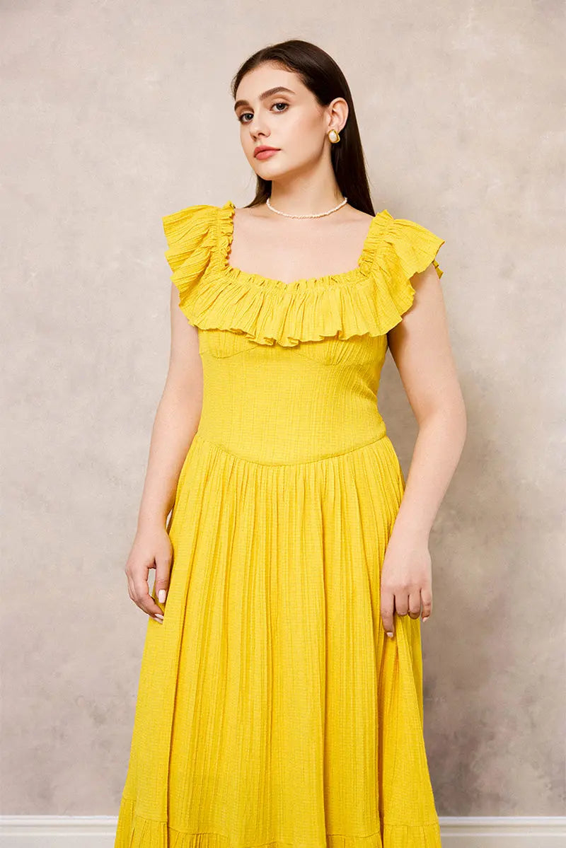 Yellow Off-the-Shoulder Ruffled Fit & Flare Midi Dress