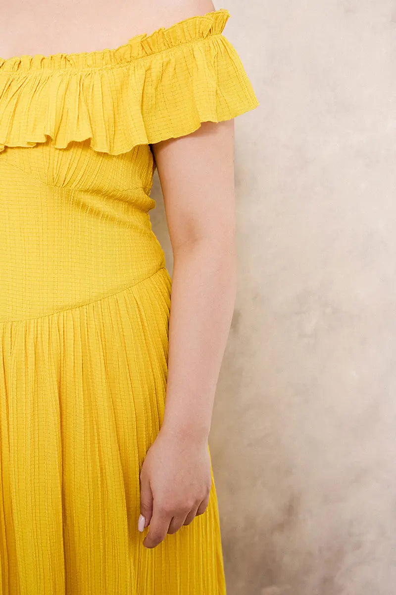 Yellow Off-the-Shoulder Ruffled Fit & Flare Midi Dress
