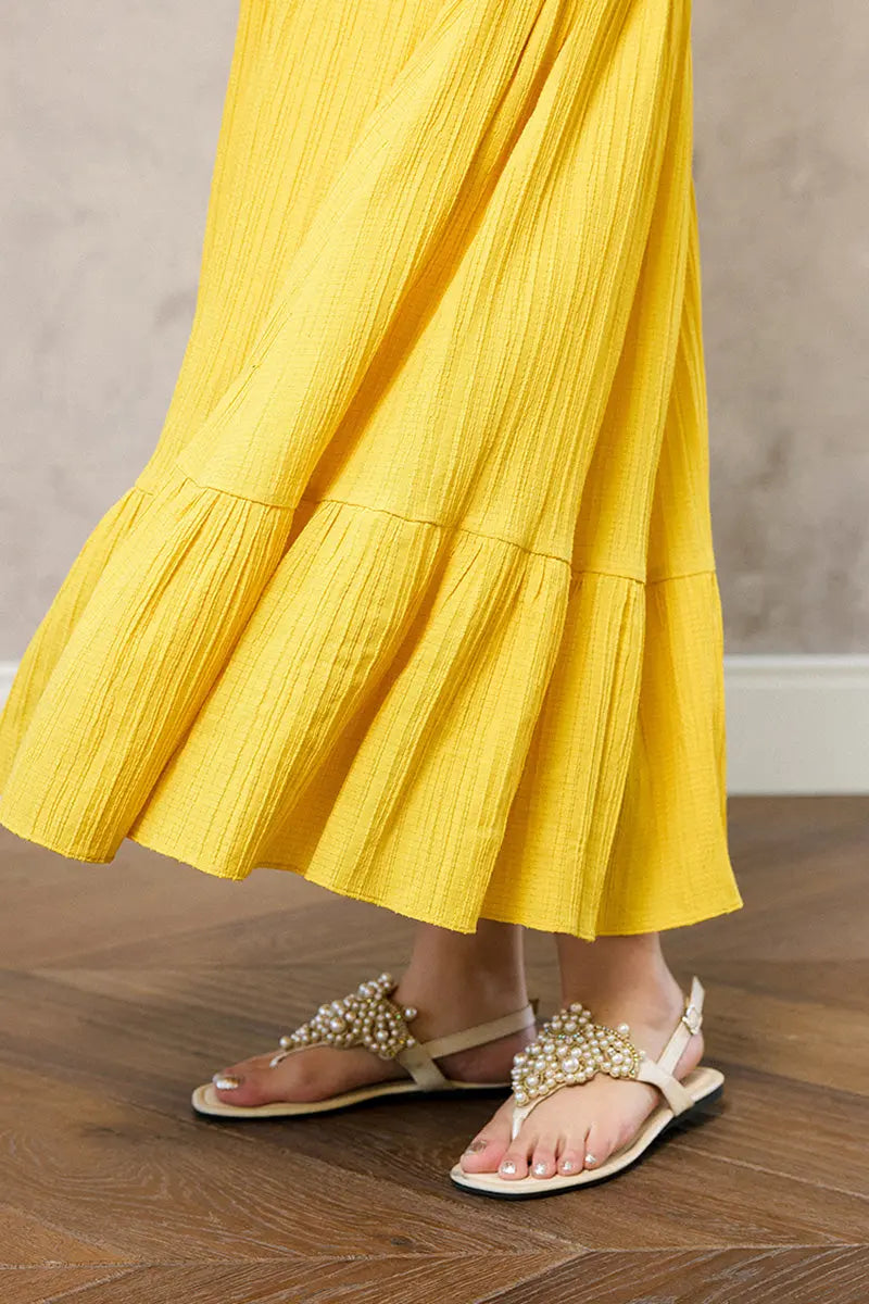 Yellow Off-the-Shoulder Ruffled Fit & Flare Midi Dress
