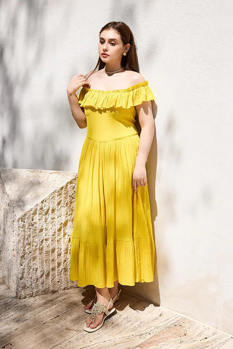 Yellow Off-the-Shoulder Ruffled Fit & Flare Midi Dress