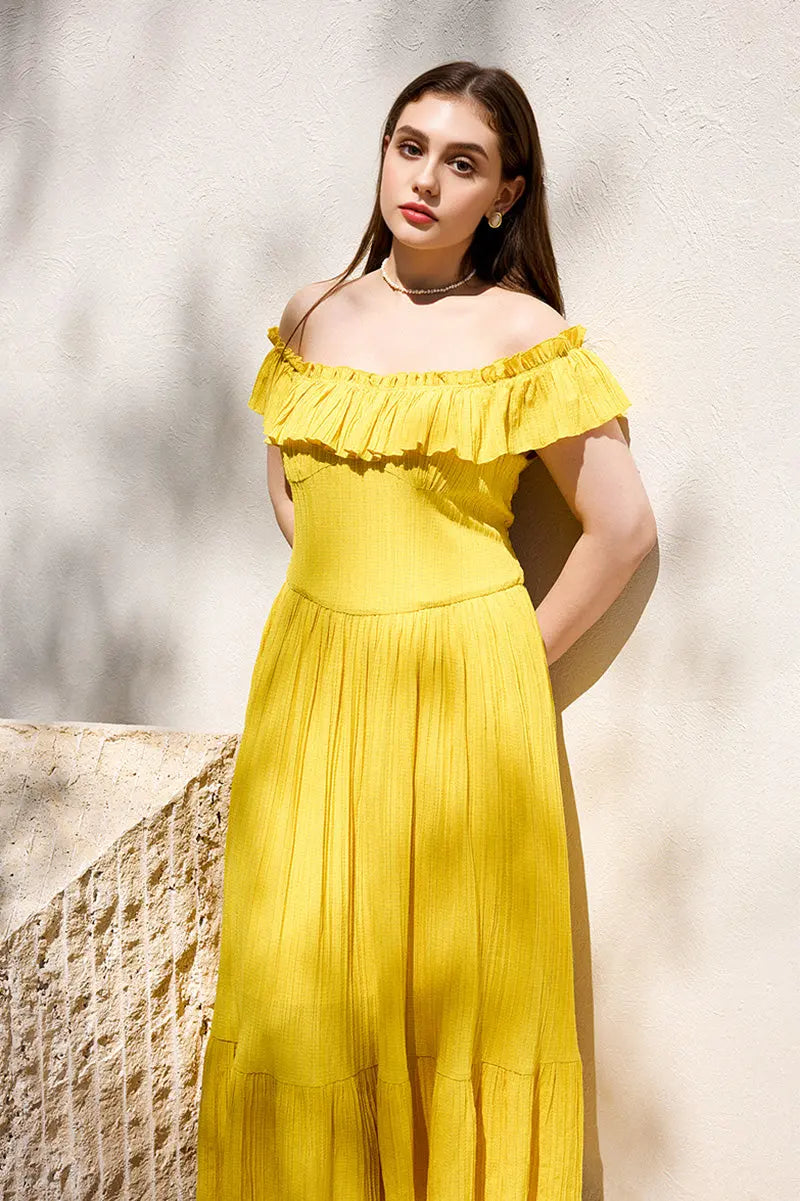 Yellow Off-the-Shoulder Ruffled Fit & Flare Midi Dress