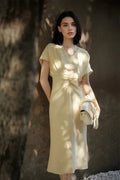 Yellow Triacetate V-Neck Gathered Waist Midi Dress