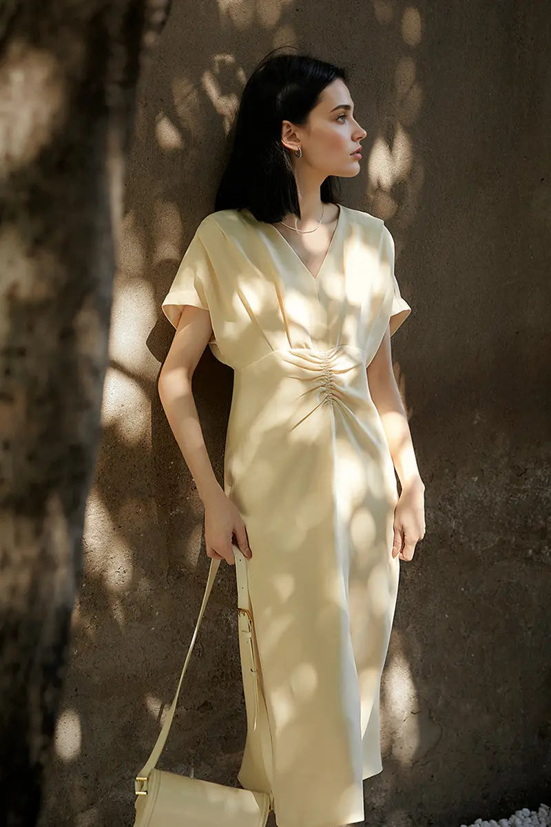Yellow Triacetate V-Neck Gathered Waist Midi Dress